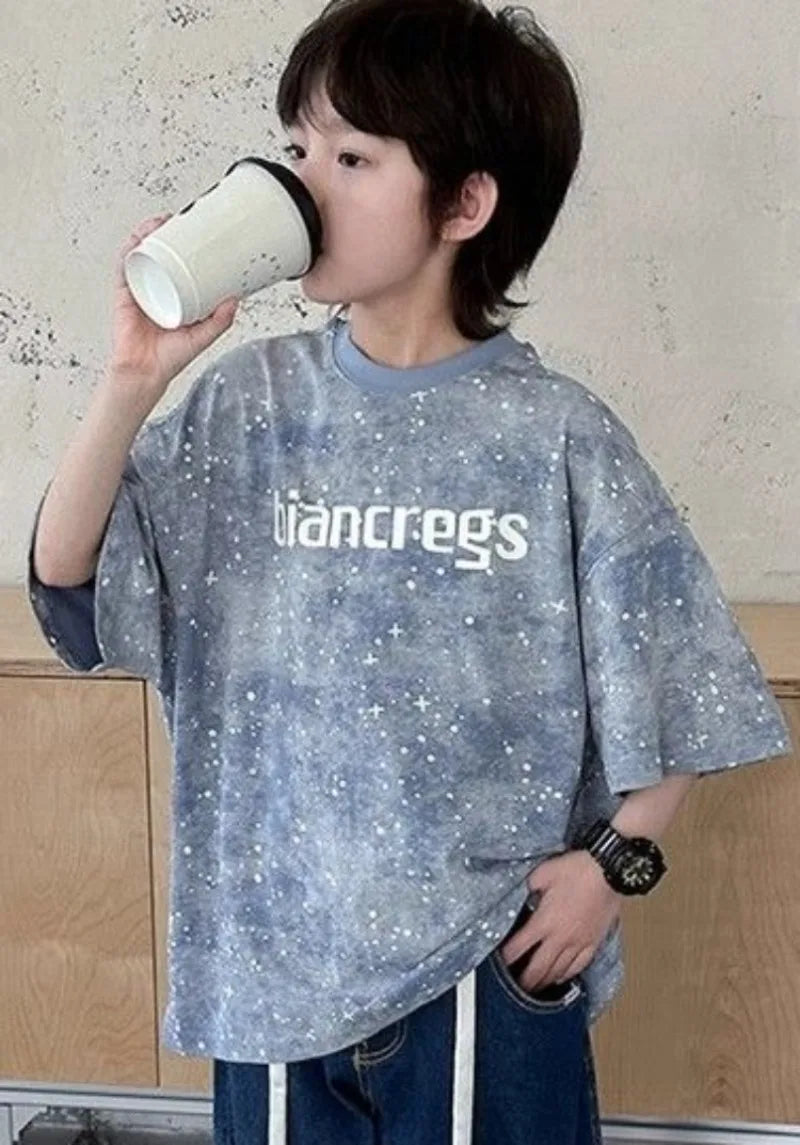 2026 New Boys' Summer Starry Sky Tie Dye Short Sleeve T-Shirt Pure Cotton Stylish Boys' Tops Trendy Summer Wear