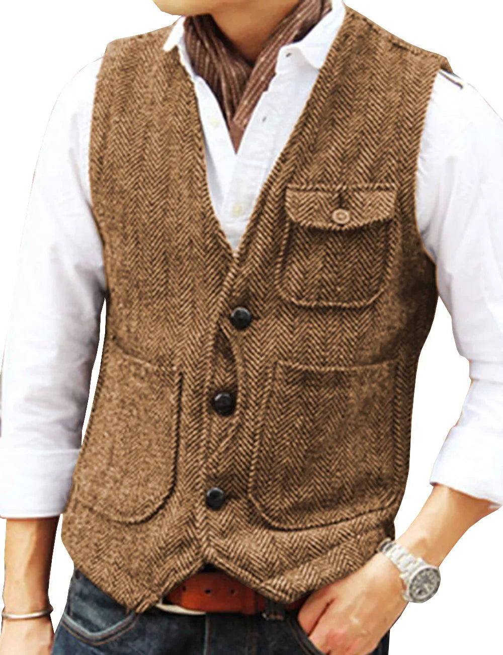 Men's Business Suit Vest Herringbone Tweed V Neck Formal Waistcoat for Wedding Suit or Tuxedo
