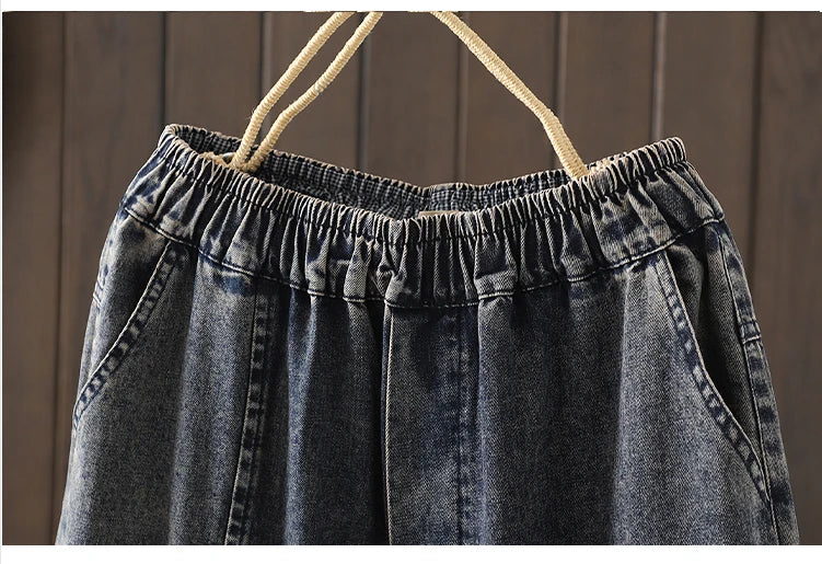 Fashion Y2K Women's Jeans plus Size Elastic Waist patch embroidery print Harem Pants Autumn Vintage Loose Ripped Denim Pants
