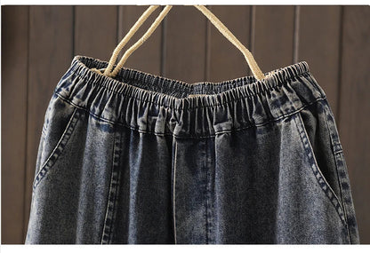 Fashion Y2K Women's Jeans plus Size Elastic Waist patch embroidery print Harem Pants Autumn Vintage Loose Ripped Denim Pants