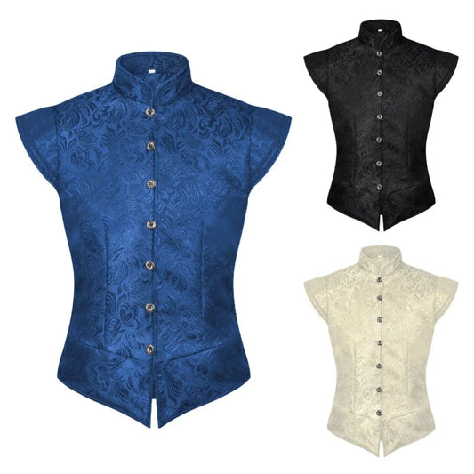 2026 Euro & Usa Halloween Vintage Medieval Jacquard Short Vest for Men, Blue Casual Men's Waistcoat,Cosplay Performance Costume