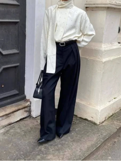 Satin Scarf Neck Polka Dot Printing Women Blouse Fashion Full Sleeve Loose Basic Shirt Lady Autumn New Highstreet Commute Wear