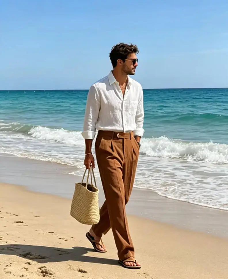 Men's Linen Summer Beach Trousers Casual Dress Pants Elastic Waist Pleated Loose Fit Lightweight Yoga Vacation Lounge Pants