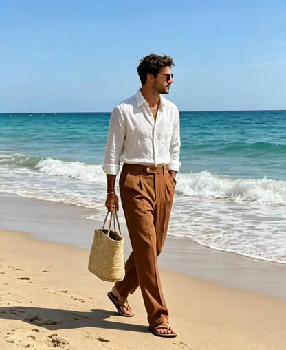Men's Linen Summer Beach Trousers Casual Dress Pants Elastic Waist Pleated Loose Fit Lightweight Yoga Vacation Lounge Pants