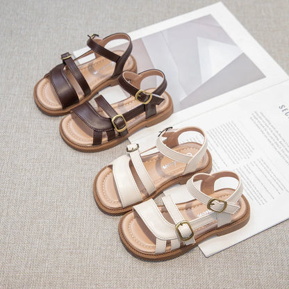 Girls Roman Sandals Open Toe Little Kids Leather Sandals with Buckle Open Toe Children Summer Beach Shoes Non-Slip Soft Sole