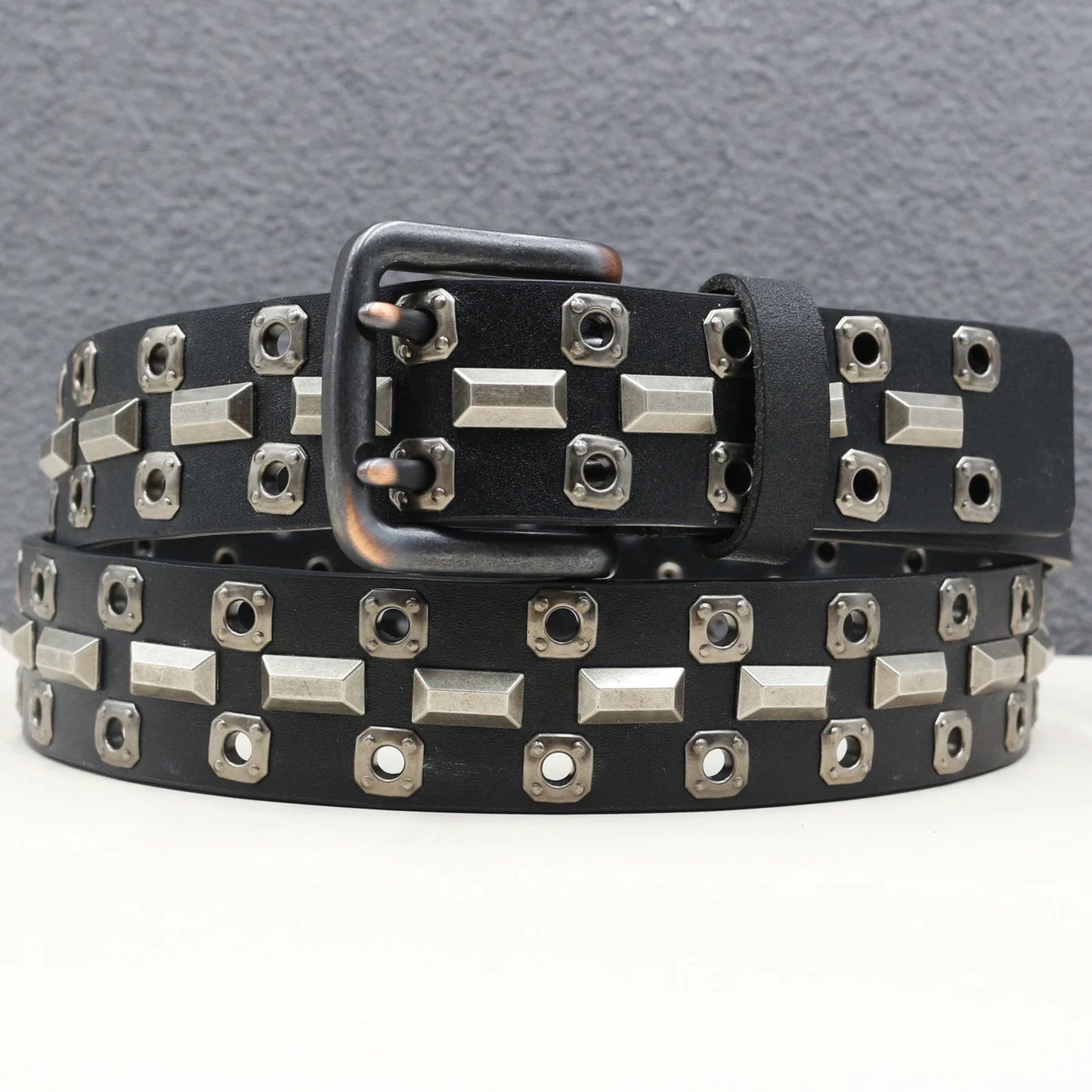 Rock Genuine Leather Luxury Punk Belt Jeans Heavy duty Hollow manual  Designer Brand Belt Men Rivet Three-pin buckle Belt Male
