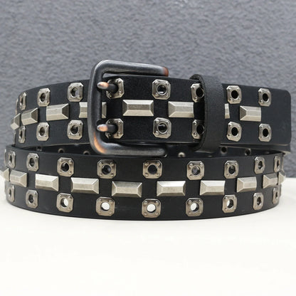 Rock Genuine Leather Luxury Punk Belt Jeans Heavy duty Hollow manual  Designer Brand Belt Men Rivet Three-pin buckle Belt Male