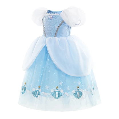 Princess Cinderella Girls Cosplay Cinderella Blue Short Sleeves Costume Kid Halloween Birthday Party Dress + Sleeves Suit