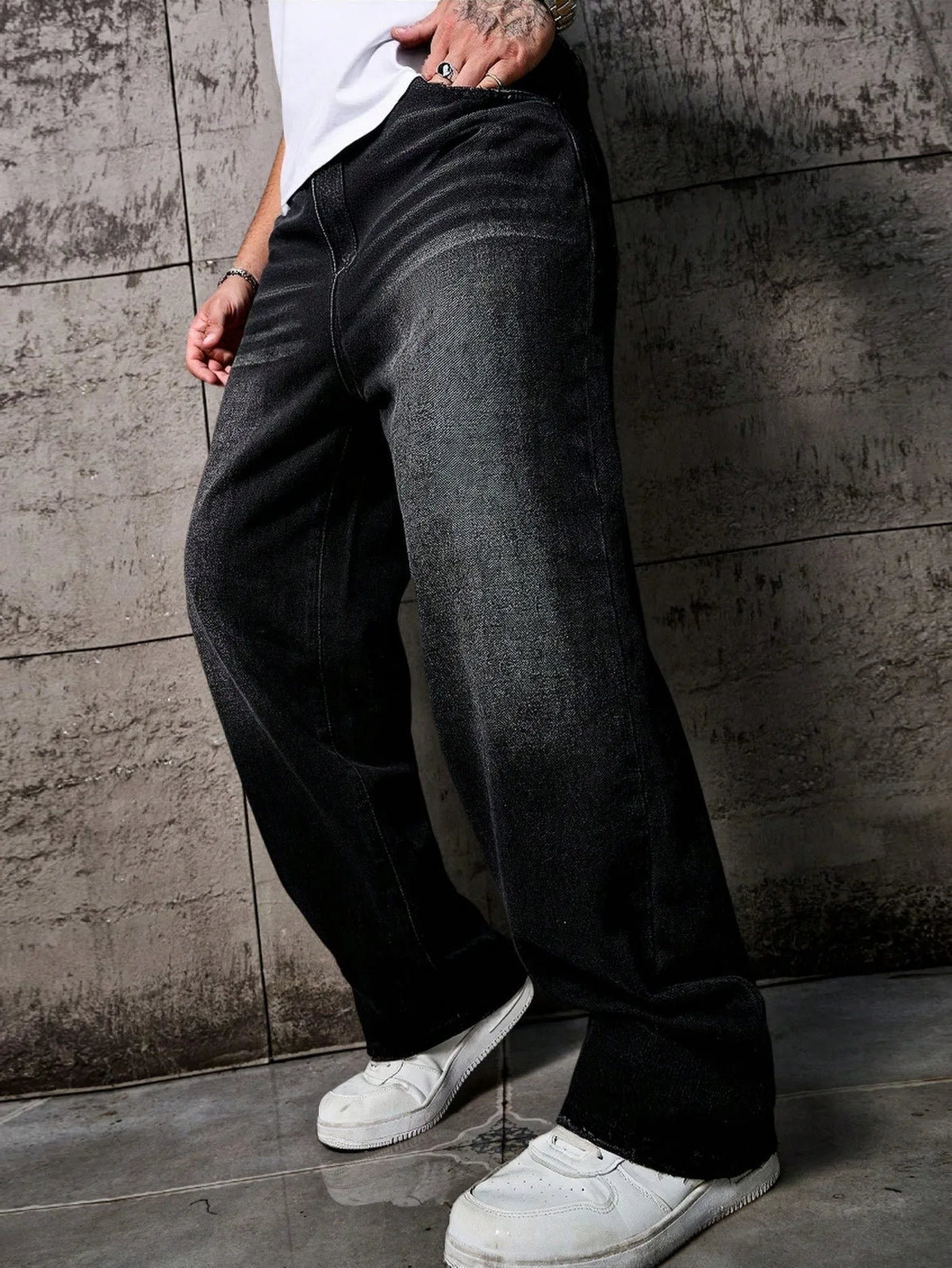 1pc Vintage Style Men's Black Washed Distressed Loose Wide Leg Relaxed Straight Jeans, Perfect Gift for Husband, Boyfriend