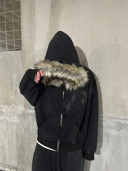 Autumn/Winter Y2k Women Aesthetic Harajuku Faux Fur Collar Hoodies Clothes Graphic Hip Hop Punk Gothic Zip Up Hoodies 2026 new