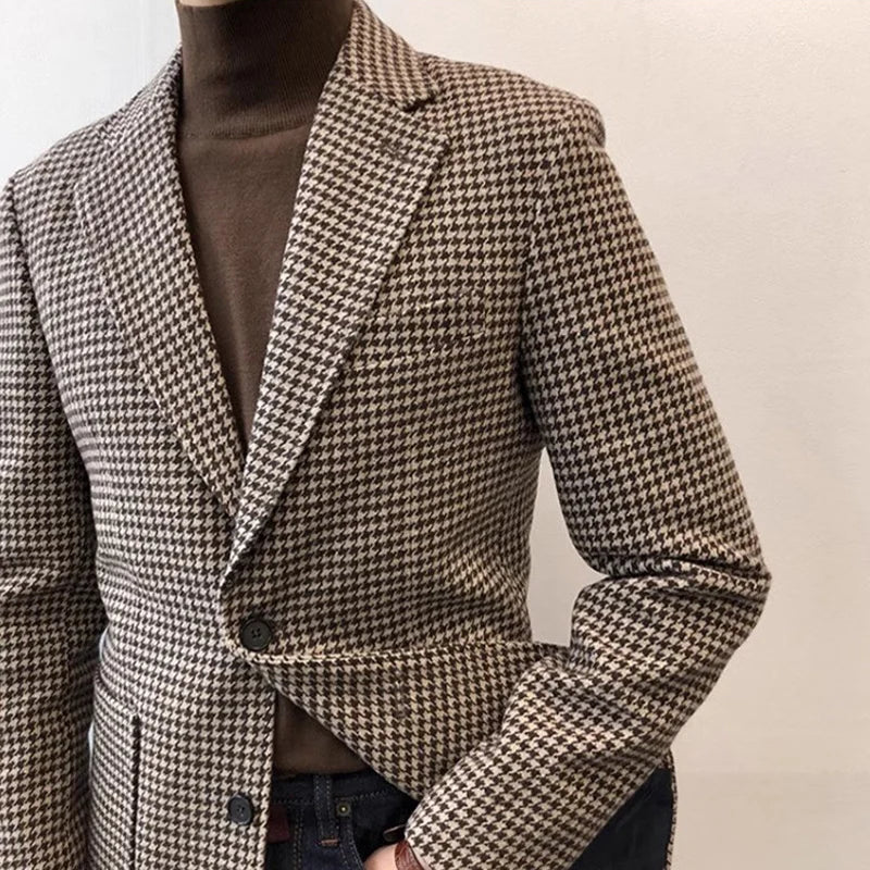 Autumn and Winter Casual Men's Retro Tweed Houndstooth Suit Men's Plus Size Outwear British Gentleman Wool Suit Trendy