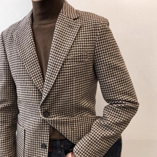 Autumn and Winter Casual Men's Retro Tweed Houndstooth Suit Men's Plus Size Outwear British Gentleman Wool Suit Trendy