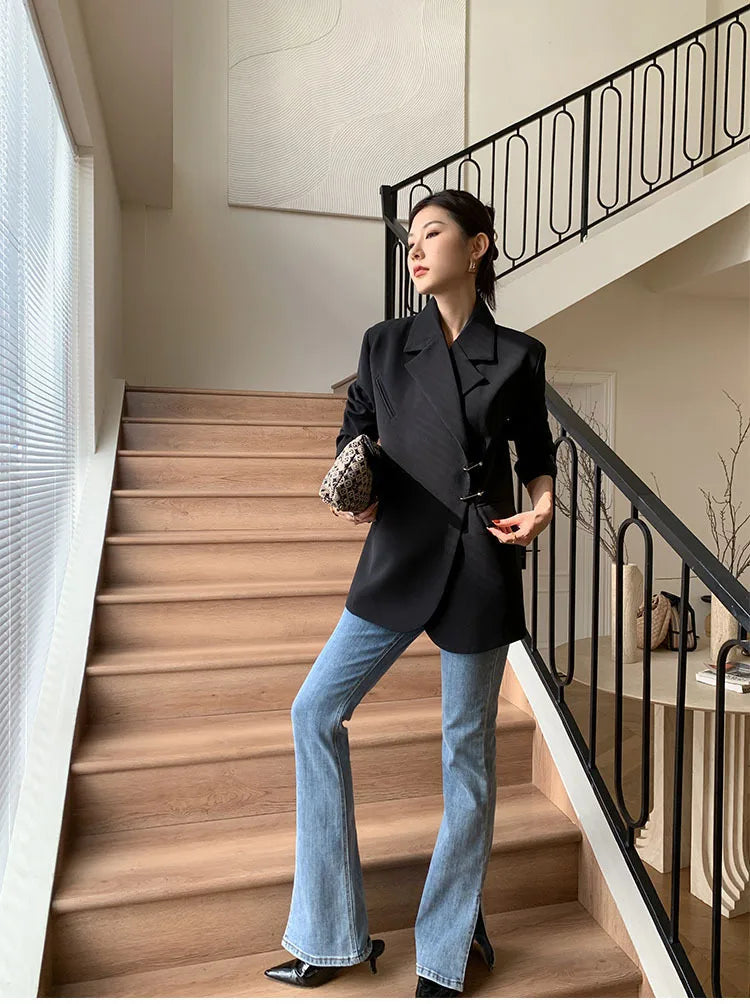 Women Black Oversize Casual Jacket New Lapel Long Sleeve Loose Blazer Fashion Pin Office Ladies Suits Coat Spring Autumn 2023