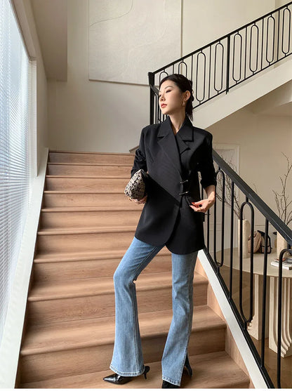 Women Black Oversize Casual Jacket New Lapel Long Sleeve Loose Blazer Fashion Pin Office Ladies Suits Coat Spring Autumn 2023