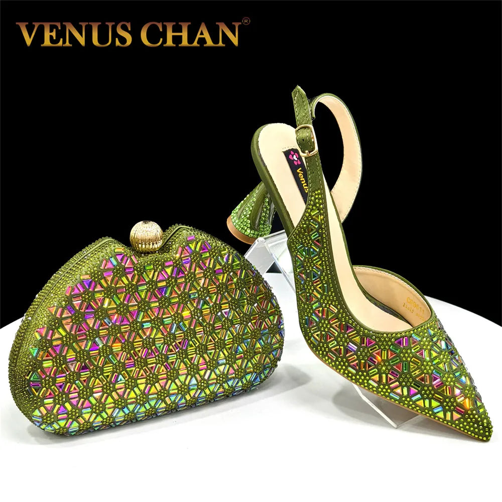 Elegant Full Diamond Design Green Color Italian Women's Shoe and Handbag Set for Weddings and Special Occasions