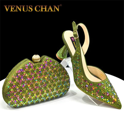 Elegant Full Diamond Design Green Color Italian Women's Shoe and Handbag Set for Weddings and Special Occasions