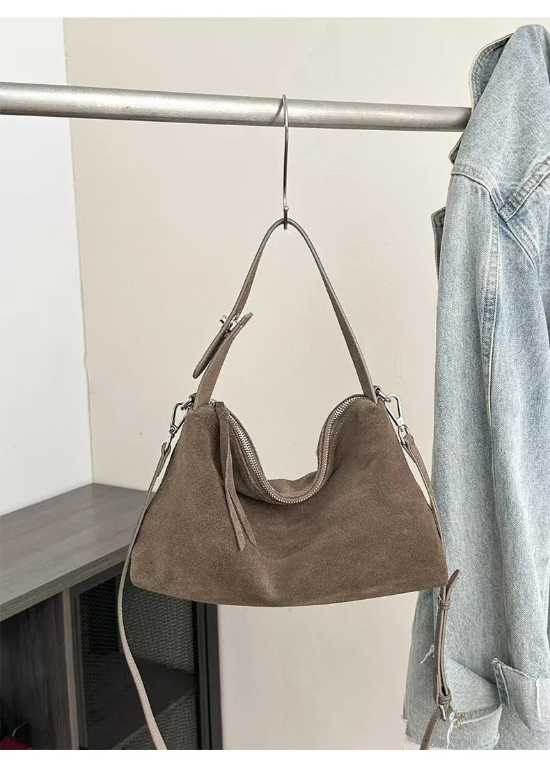 Fashion Autumn Winter Big Boston Tote Soft Matte Suede Cow Leather Women's Handbag Shoulder Crossbody Bag For Women Grey Brown