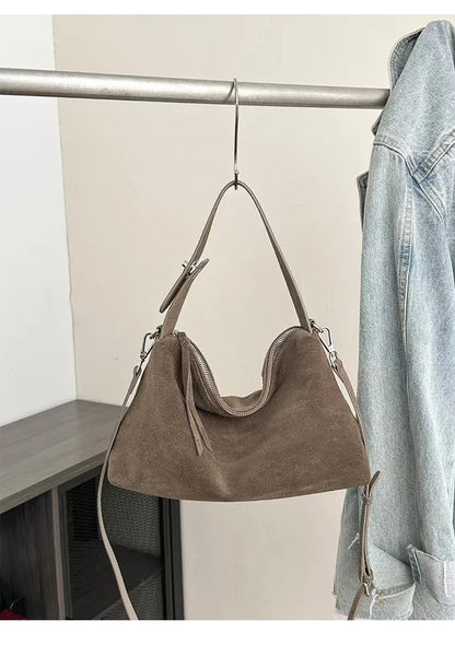 Fashion Autumn Winter Big Boston Tote Soft Matte Suede Cow Leather Women's Handbag Shoulder Crossbody Bag For Women Grey Brown