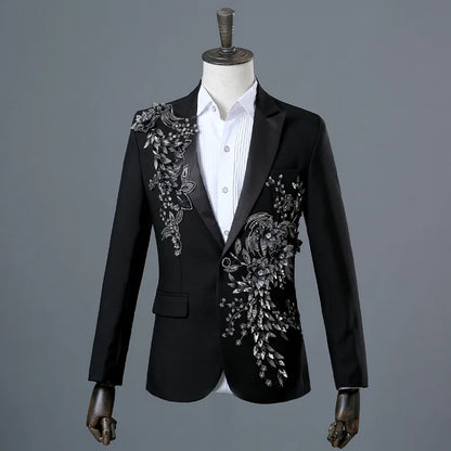 Host Singer Stage Nightclub Bar Performance Dress Set,Three-dimensional Double-sided Flower and Diamond Inlaid Men Suits 2-piece