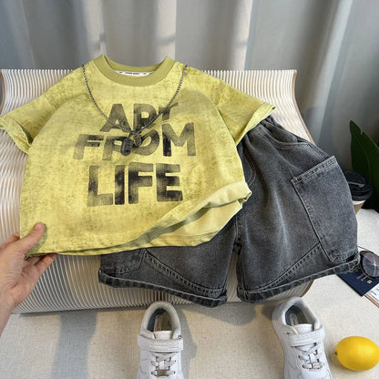 Korean Children's Summer Clothes Kids Set Outfits Boys 2026 Handsome Sleeveless&Short Sleeved T-shirt Denim Shorts 2-piece Set