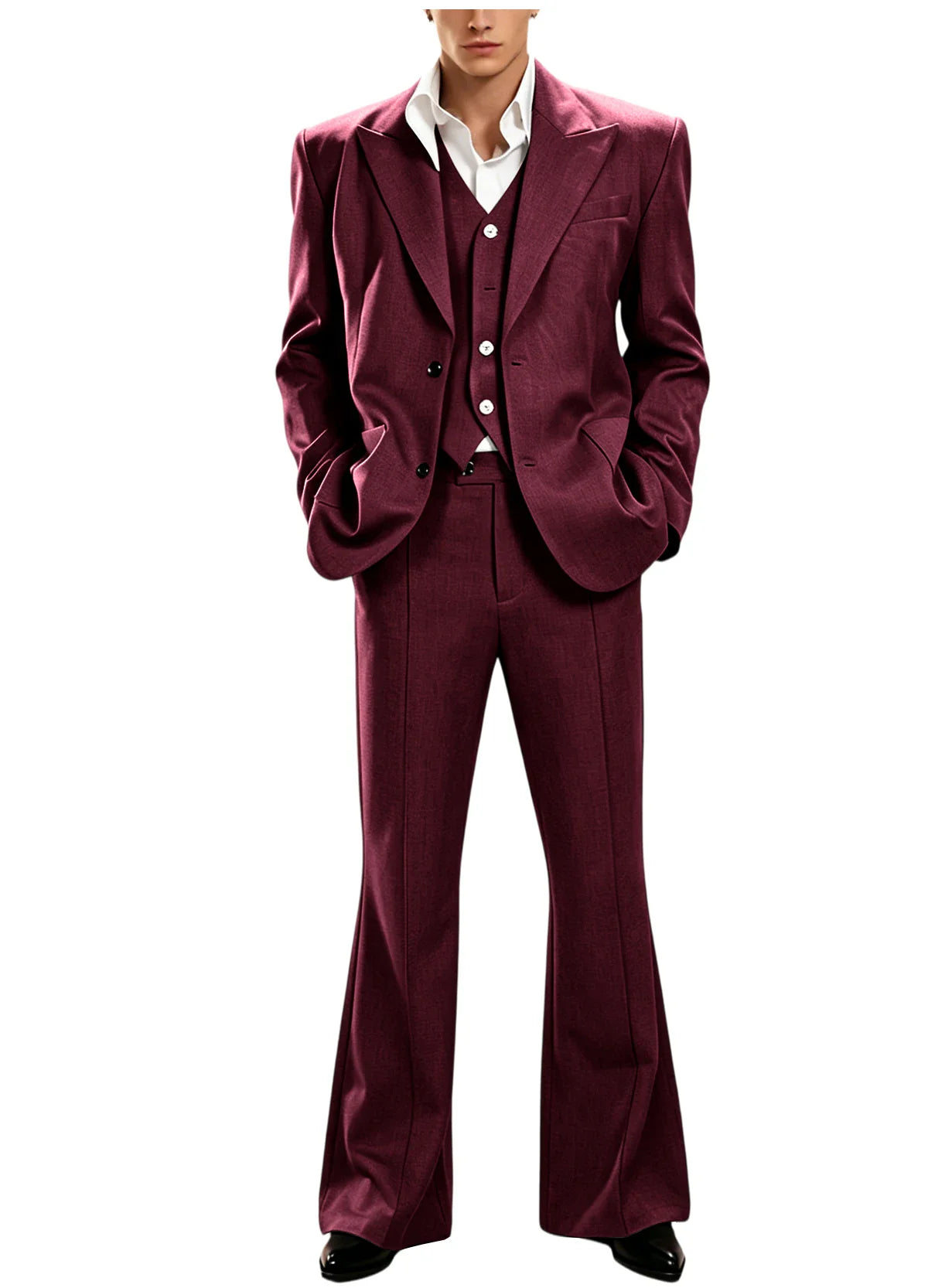 Vintage Men's 3 Piece Suit Set Peak Lapel Slim Fit 2 Button Double Breasted Blazer Vest Flared Pants for Formal Business Wedding