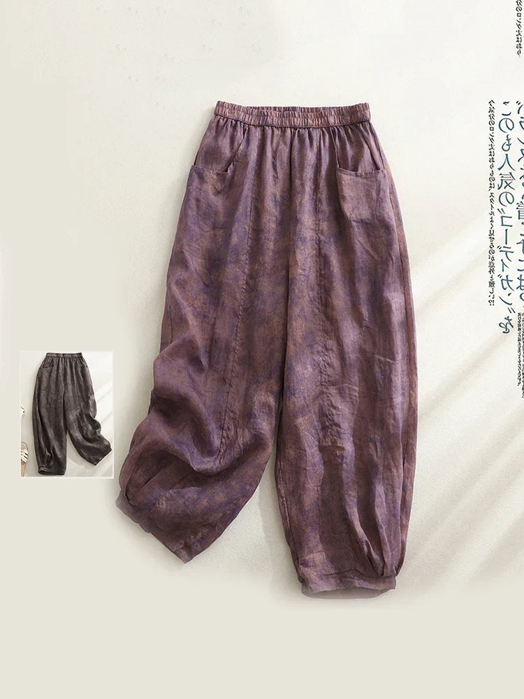 Retro Waterprint Linen Casual Nine-Piece Pants plus Size Women's Loose Elastic Waist Versatile Wide Leg Harlan Pants