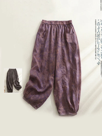 Retro Waterprint Linen Casual Nine-Piece Pants plus Size Women's Loose Elastic Waist Versatile Wide Leg Harlan Pants