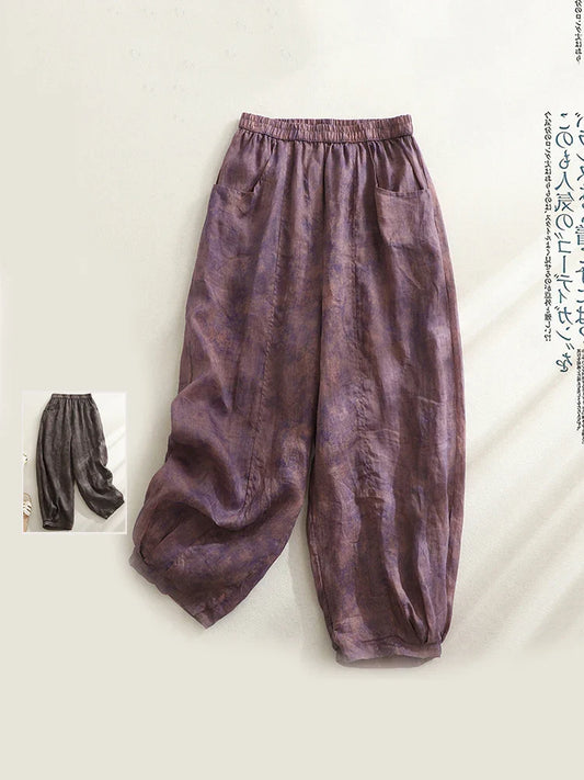 Retro Waterprint Linen Casual Nine-Piece Pants plus Size Women's Loose Elastic Waist Versatile Wide Leg Harlan Pants