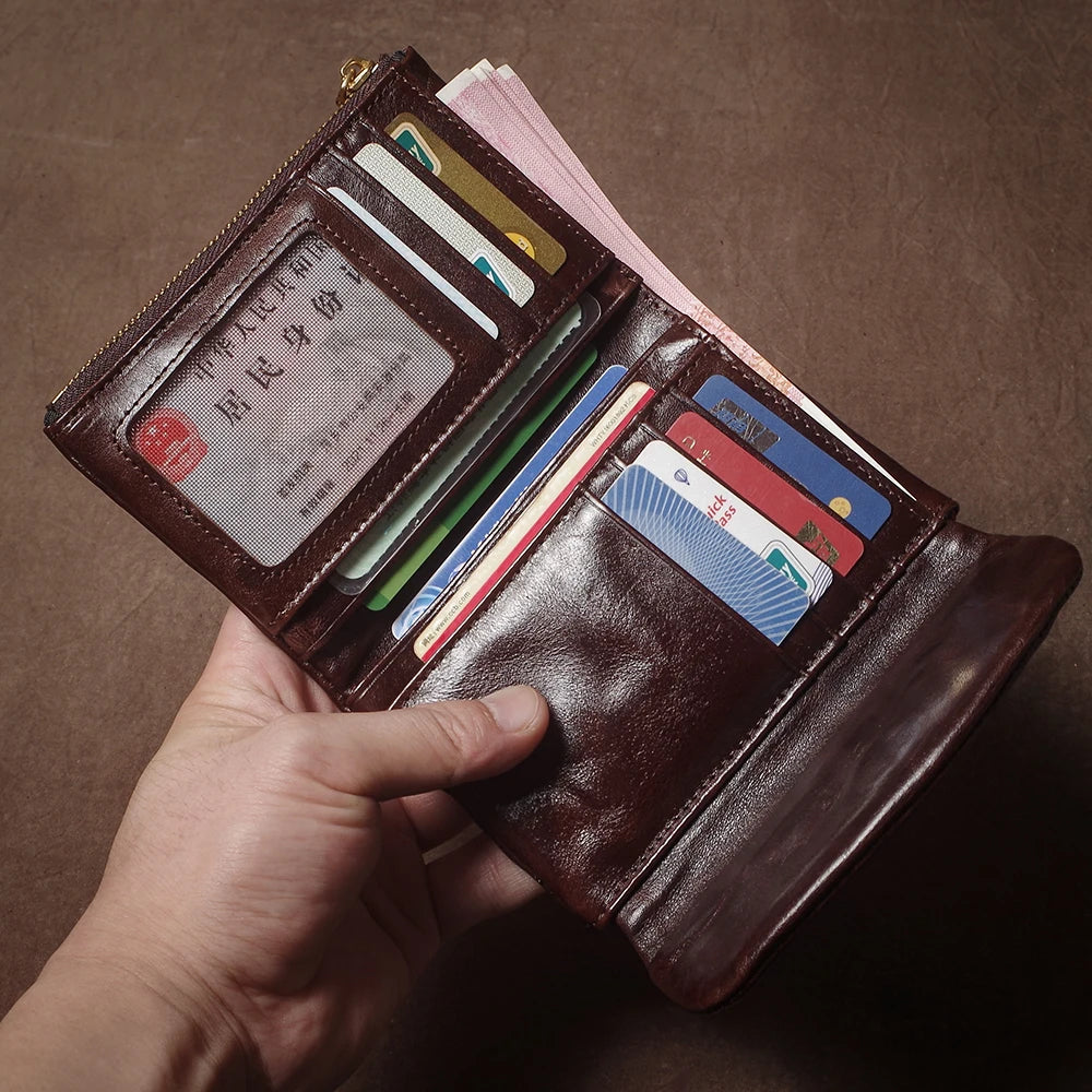 Vintage Genuine Leather Trifold Wallet for Men Women Zipper Coin Purse Driver License ID Credit Card Luxury Cowhide Wallet