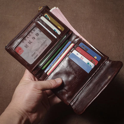 Vintage Genuine Leather Trifold Wallet for Men Women Zipper Coin Purse Driver License ID Credit Card Luxury Cowhide Wallet