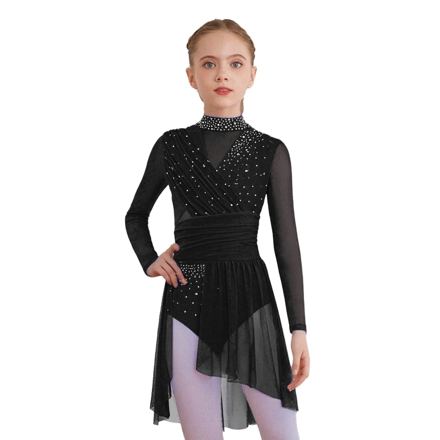 Kids Girls Gymnastics Figure Skating Ballet Lyrical Dance Costume Dress Side Split Sheer Mesh Ruched Glittery Rhinestones Dress