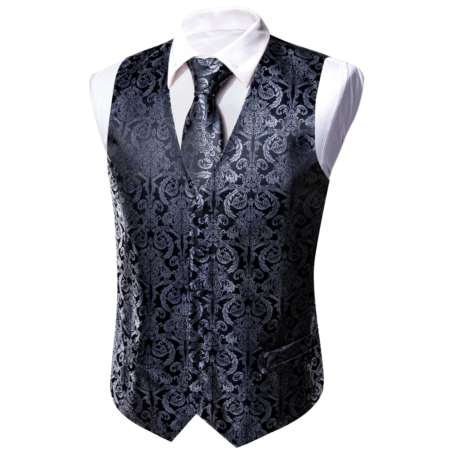 Black Silver Vintage Pattern Vest Matching Set Tie Pocket Square Cufflinks For Formal Business Conference