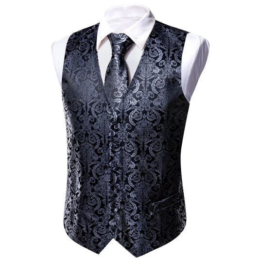 Black Silver Vintage Pattern Vest Matching Set Tie Pocket Square Cufflinks For Formal Business Conference