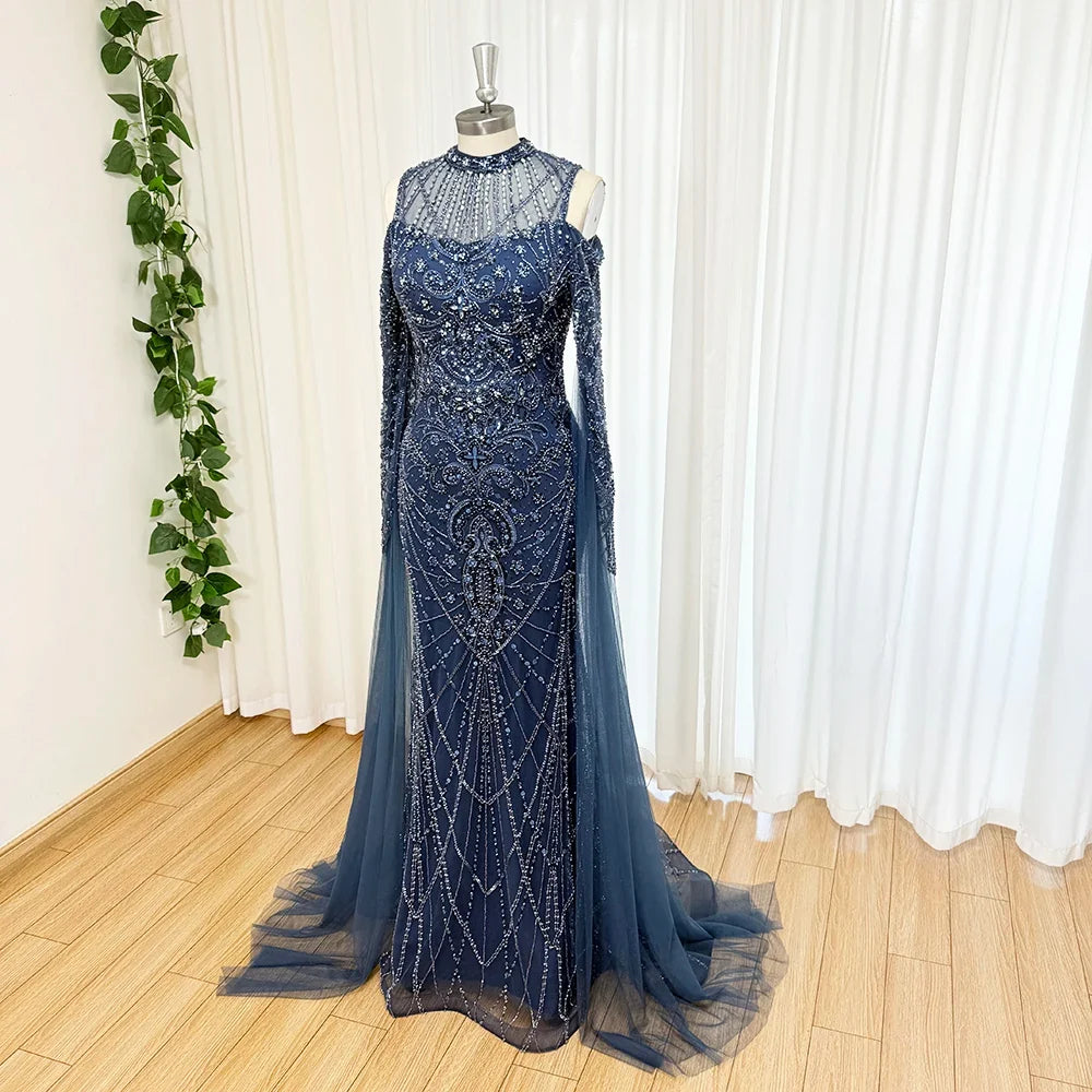 Luxury Beaded Evening Dress Cape Sleeve Dubai Sheer Neck Mermaid Formal Prom Wedding Party Gown Customized 2026