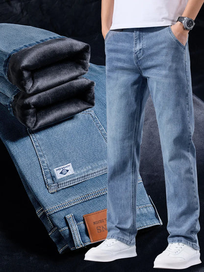 Men's loose straight leg jeans retro washed elastic casual pants suitable for all seasons versatile pants