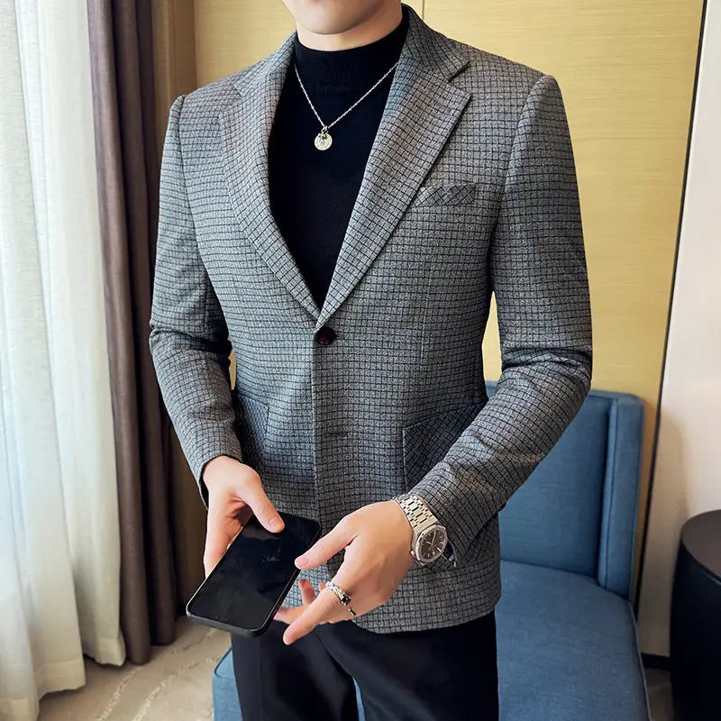 Men's Elegant Grid Suit Jacket 2026 Spring New Fashion Slim Blazer Jackets Social Prom Dress Jacket Men's High Quality Clothing