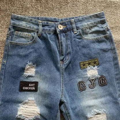 White Embroidery Skinny Ripped Jeans Men Cotton Stretchy Hole Slim Fit Hip Hop Denim Pants Casual Jeans for Men Jogging Trousers
