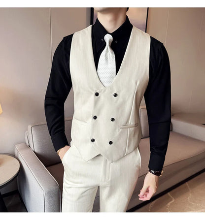 ( Vest + Pants) Double-breasted Striped With Pants Men Business Slim Fit Suit Vest 2 pieces Formal Groom Wedding Dress Vest
