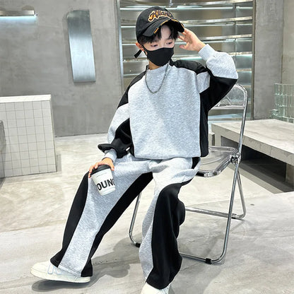 Spring Boys Black x Grey Contrast Pullover Sweatshirt+Sweatpant Work Set School Kid 2PCS Tracksuit Children Jogger Outfit 5-16Yr
