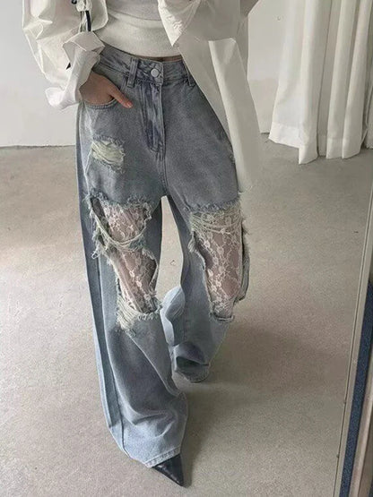 2026 Women's Y2K American Style High Waist Lace Spliced Denim Pants Loose Wide Leg Trousers Fashion Hottie Hole Patchwork Jeans
