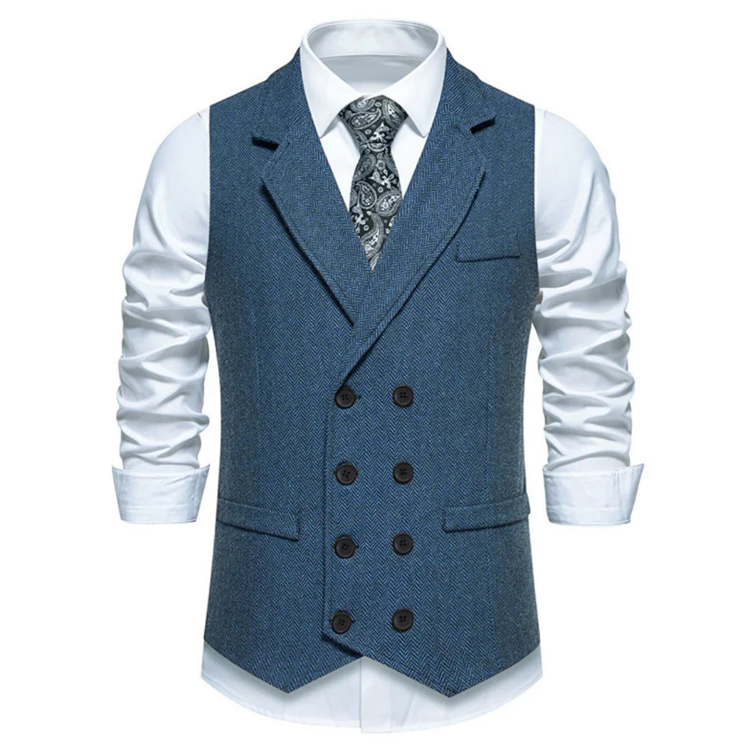 Men Vest Gray Herringbone Double Button With Lapel Waistcoat For Wedding Groom Business Banquet Office Work Men Suit Vest