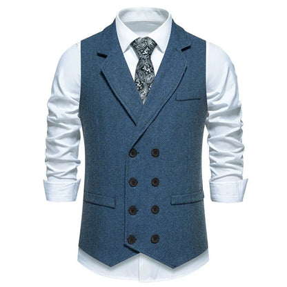 Men Vest Gray Herringbone Double Button With Lapel Waistcoat For Wedding Groom Business Banquet Office Work Men Suit Vest