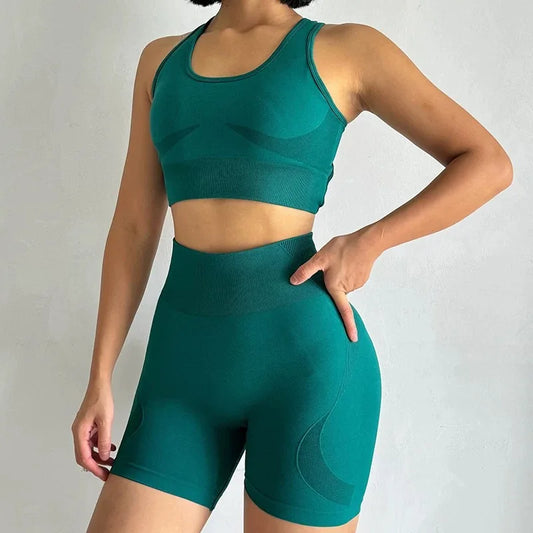 Women's yoga exercise set, paired with cross gathered back and high waisted hip lifting sports shorts