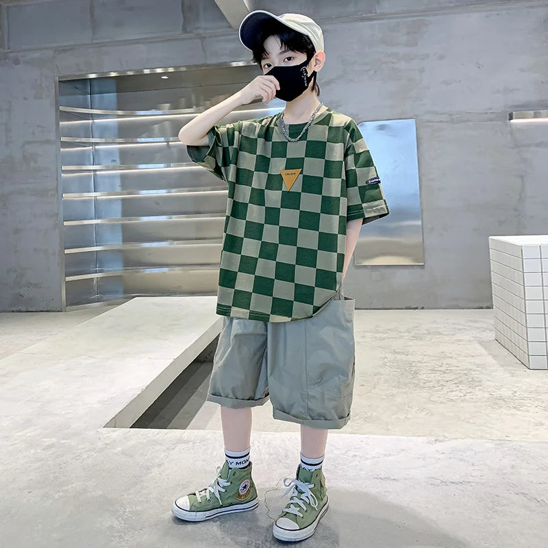 Boys 2 Piece Summer Set Child Clothes Outfits Pliad T-shirt Shorts Cotton Suit Teenager Kids Luxury Clothing Set Tracksuit 5-14Y