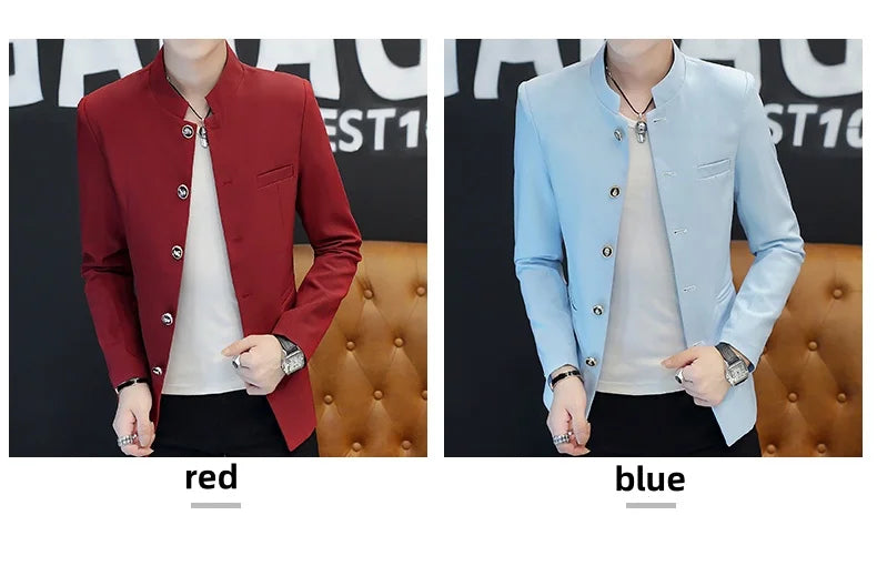 2024 Men's Slim Fit Long Sleeve Casual Suit Korean Trend Stand Collar Fashion Handsome Male Suit