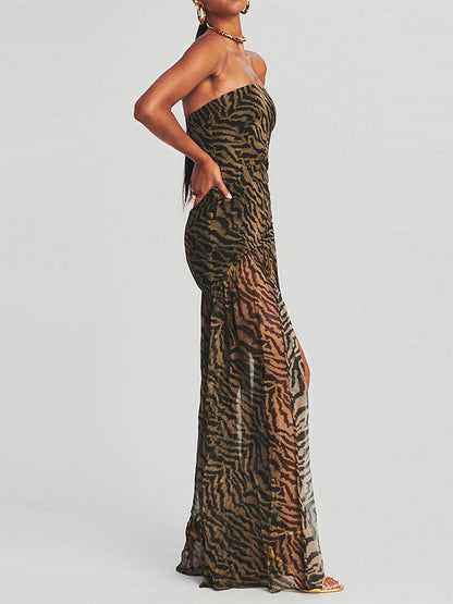 Women Tube Top Dress Slim Strapless Backless Mesh Patchwork Tropical Print High Slit Long Dress for Party Club Night
