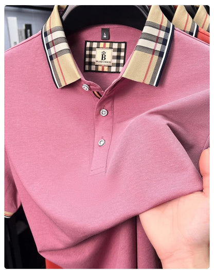 Fashion brand luxury short sleeve polo shirt men summer quality silky cotton breathable business casual striped collar T-shirt