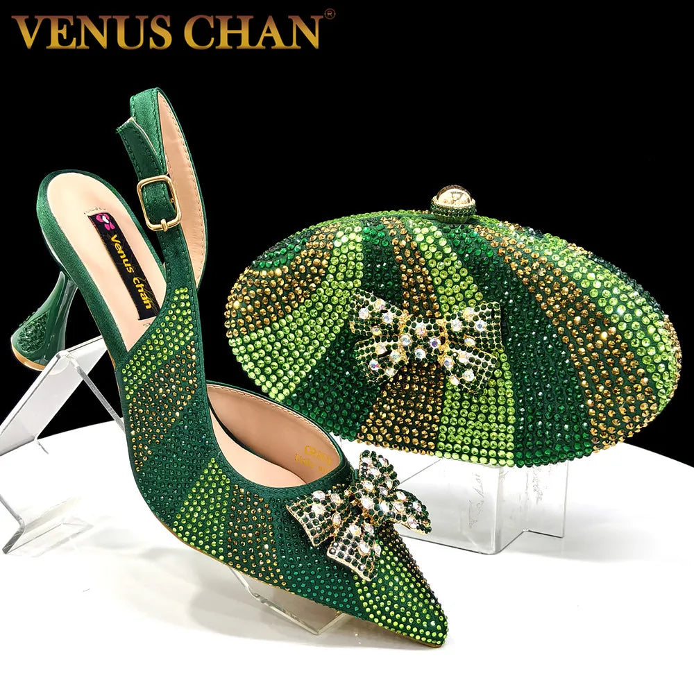 Elegant Italian Rhinestone-Embellished Green Pointed Toe High Heels & Matching Bag Set for Women - Luxe Footwear for Parties