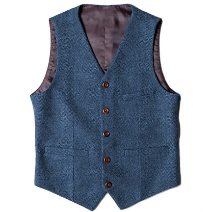 Men Vest Blue Herringbone V Neck Single Button Solid Waistcoat For Wedding Business Office Work Daily Casual Men Suit Vest