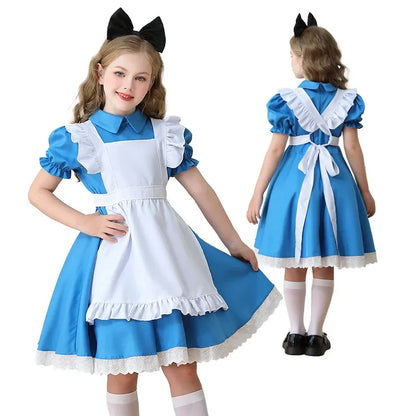 Children Blue Alice In Wonderland Halloween Costume For Kids Party Lolita Maid Dress Cosplay Fancy Carnival Costumes Girls